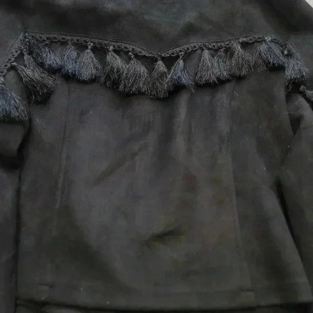 Vera & Lucy Tassel Faux Suede Black Moto Wing Collar Jacket Coat  Size M - Picture 12 of 13